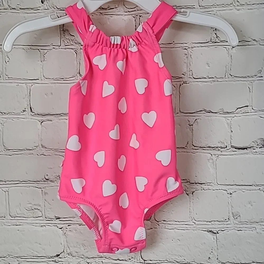 Carter's Baby Girl 3M Pink Neon Heart One-Piece Swimsuit Snap Bottom Infant Swim
